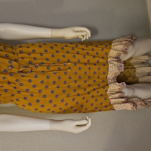 VTG Y2k Mustard Floral Ruffle Off Shoulder High-Low Prairie Boho Dress - Picture 5 of 8